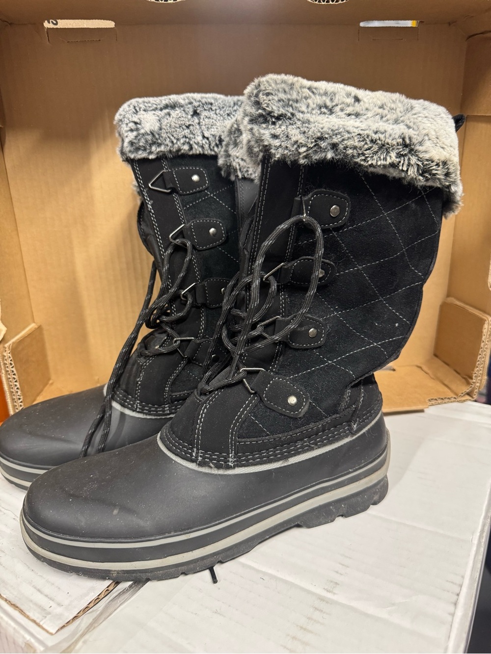Women's Black Faux-Fur Leather Winter Lace-Up Boots